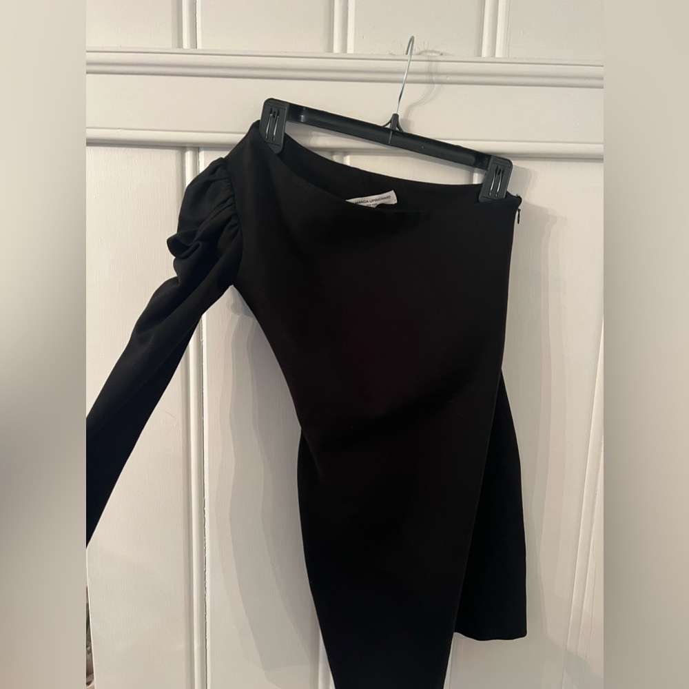Black one sleeve body con dress.